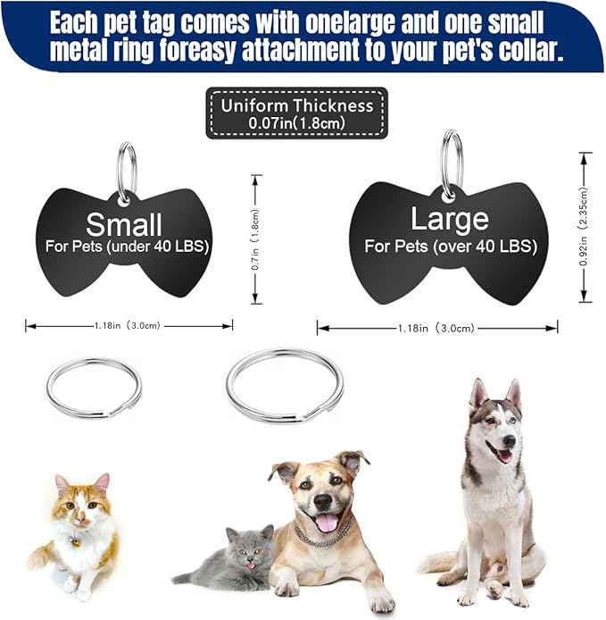 Personalized Dog Tags and Cat Tags, Stainless Steel Pet ID Tags, Collar Charm Engraved on Both Sides, up to 4 Lines of Custom Text, Various Patterns and Colors Options (Bowtie)