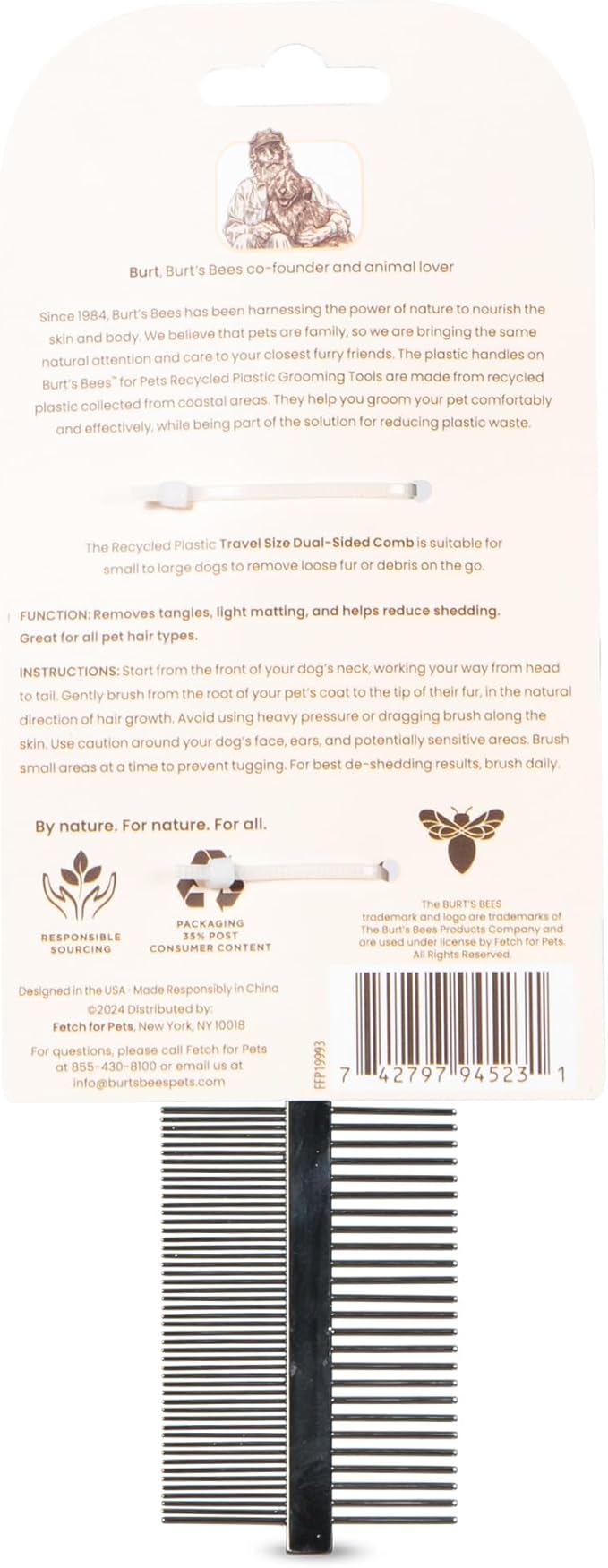 Burt's Bees for Pets Dual Sided Flea Comb with Handle Made from Recycled Plastics Collected from Coastal Communities, 2-in-1 Grooming Tool for Dogs, Dog Comb Removes Fleas & Flea Eggs