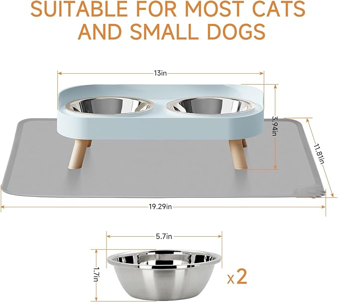 Elevated Cat Bowl with Food Mat, Raised Cat Food and Water Bowl Set for Indoor Cats, Splash Proof with 2 Stainless Steel Pet Food Bowls for Cats and Puppies,Whisker Fatigue and Dishwasher Safe (Blue)