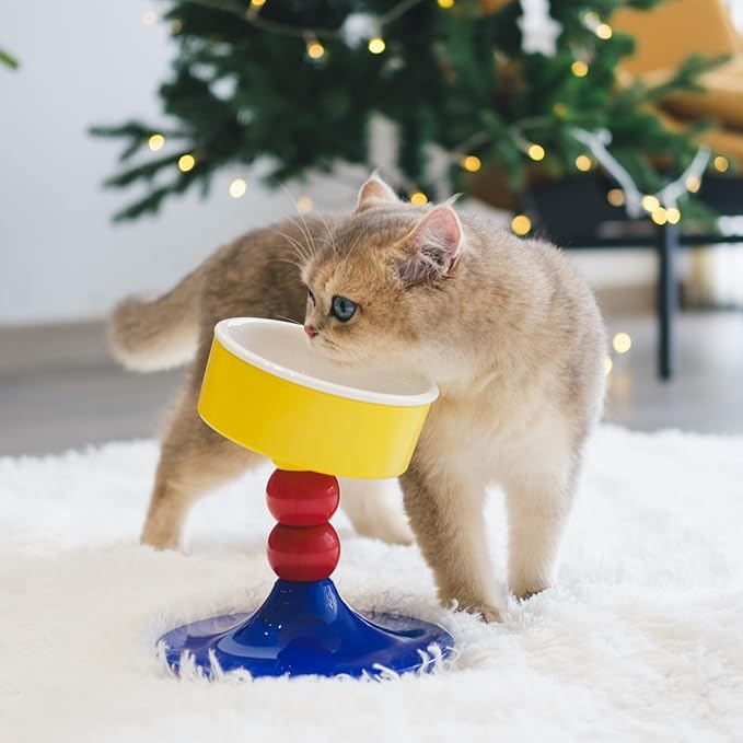 Elevated Raised Cat Pet Bowls - 15°Tilted 3 Heights Adjustable Indoor Cats Food Dish Stand, Cute Pet Water Feeder Ceramic Bowl, Neck Whisker Friendly & Anti-Vomiting Non Slip Kitten Puppy Supplies