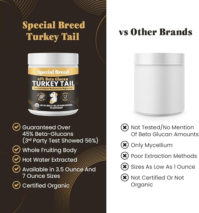 Organic Turkey Tail Mushroom for Dogs and Cats, 45% Beta Glucan Standardized, Hot Water Extracted Whole Fruiting Body, Third Party Tested, Immune and Gut Support, No Fillers, Made in USA, 660 ct