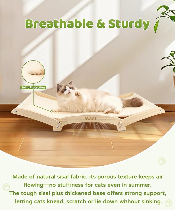 Large Sisal Cat Scratcher Bed with Solid Wood Base, Durable Scratch & Rest 2-in-1, Extra-Wide 28” Anti-Slip Cat Scratch Pad for Indoor Cats