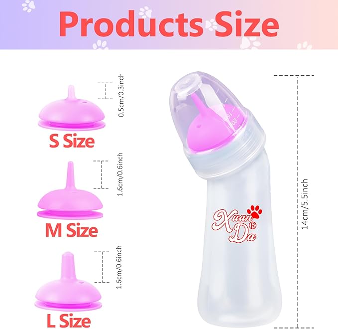 Pet Feeding Bottle,3 Pack Wide Mouth Angled Nursing Bottle, 3 Sizes Nipples with Ventilation Valve Resistant Tearing Perfect for Puppies, Kittens, Small Wildlife(Pink)