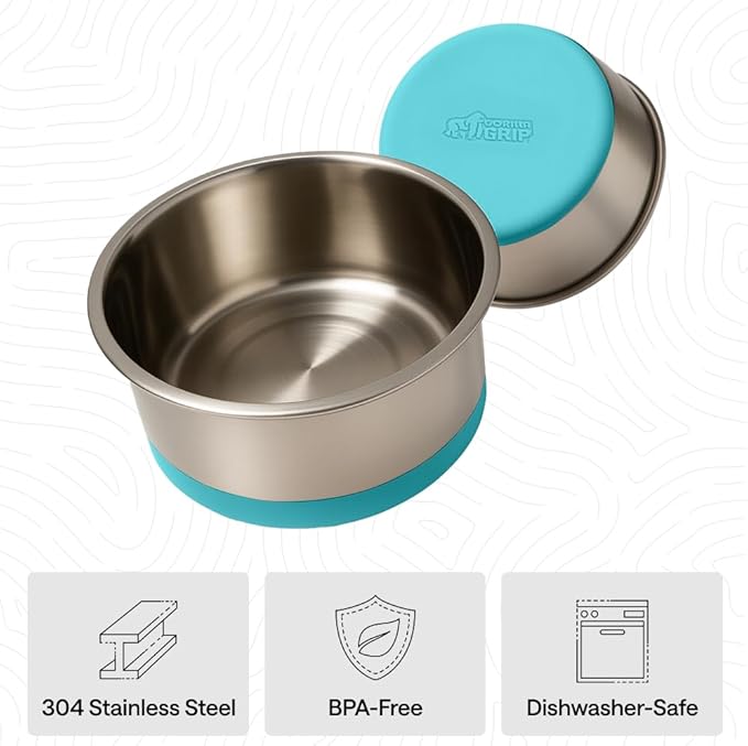 GORILLA GRIP Dog Bowls, Food Grade 304 Stainless Steel Holds 6 Cups Each (48 fl oz) Food and Water Bowl for Feeding Dogs and Cats Dishwasher Safe Rust Resistant BPA Free Rubber Base Set of 2 Turquoise