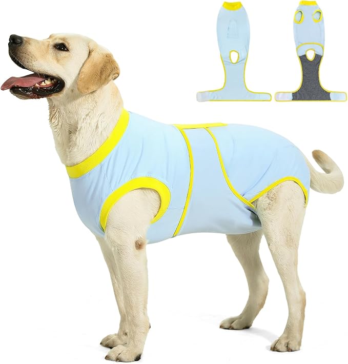 Recovery Suit for Dogs Cats After Surgery, E-Collar & Cone Alternative Surgical Suit, Prevent Licking Dog Onesies Pet Surgery Recovery Suit Soft Dog Bodysuit, Blue Yellow, L