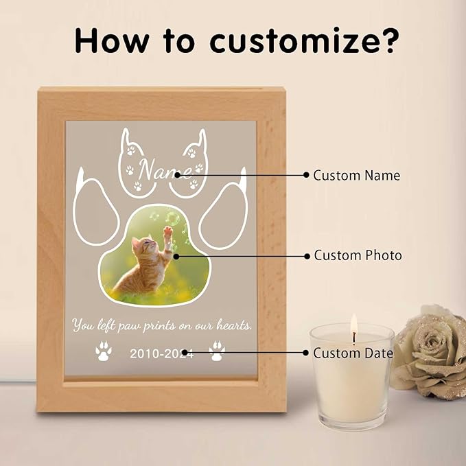 Personalized Cat Memorial Gift Night Light Customized Light Up Picture Frame Acrylic Led Plaque Lamp Pet Sympathy Remembrance Gift(Cat)