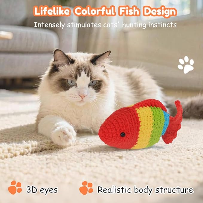Cat Toys with Catnip & Bell Soft Natural Cat Nip Toys for Indoor Cats Hand Crocheted Interactive Kitten Fish Toys