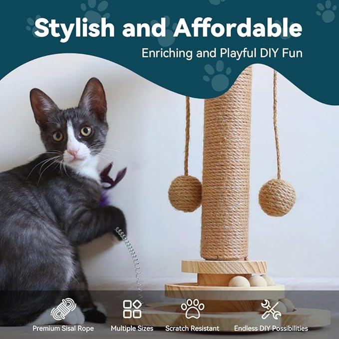 Natural Sisal Rope for Cat Scratcher Replacement, Durable Cat Tree Post Repair Cord for DIY Projects, Climbing Towers, Furniture Protection, Scratch Pad, Crafts, Garden, and Home Décor Use