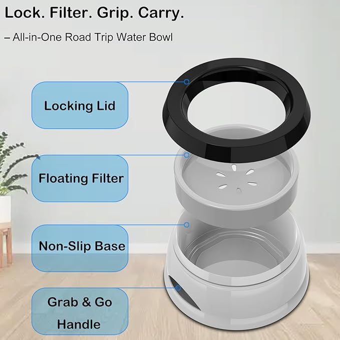 25oz Slow Drink Dog Water Bowl, No Spill Water Bowl for Dogs Cats, Non-Splash No Mess Puppy Kitten Water Feeder, Carried Portable Base for Vehicle Car,Travel,Home (Small/Medium Pets) - Gray