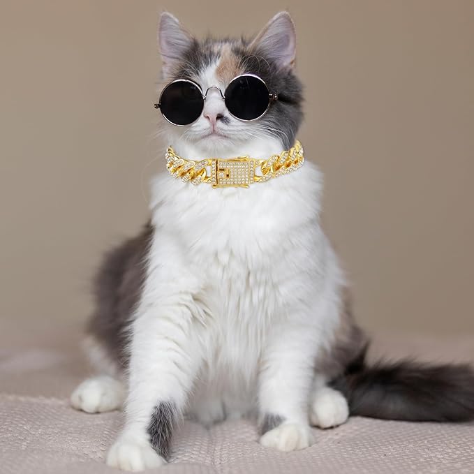 Amabro Cat Chain Collar, Diamond Cuban Link Kitten Walking Collar with Secure Buckle 12mm Wide Pet Rhinestones Necklace Metal Chain Jewelry Accessories for Cats Dogs Kittens Puppies 8inch(Gold)