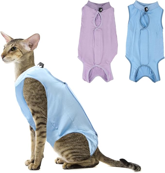 2PCS Cat Recovery Suit - Breathable Cat Surgical Recovery Suit, Onesie for Cats After Surgery Recovery, Alternative Cone of Shame Abdominal Wound Skin Wear Protection (Light Blue+Light Purple, L)
