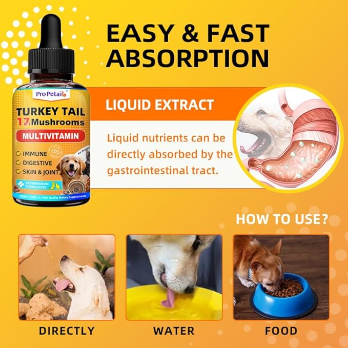 17 in 1 Turkey Tail Mushroom for Dogs - 3000mg High Potency Turkey Tail Extract for Dogs with Probiotics & 10 Vitamins - Shrink Fatty Tumors, Immune Support & Skin Lipoma Treatment 3.38FL.oz