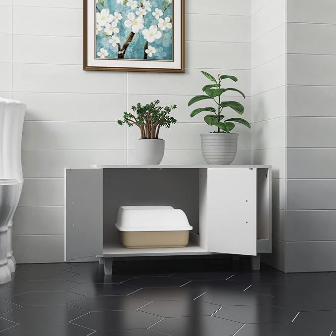 GDLF Modern Wood Pet Crate Cat Washroom Hidden Litter Box Enclosure Furniture House as Table Nightstand with Scratch Pad,Stackable (White)