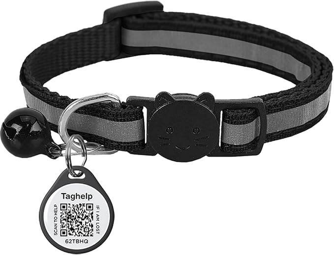 Reflective Cat Collar Breakaway with QR Code Tag for Girl Boy cat Name tag Kitten Collars with Bell Cat ID Tag Personalized Real-time scan alerts, No Subscription or fees(Black)