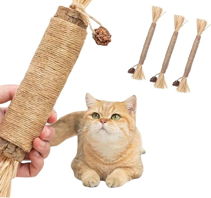Interactive Cat Catnip Chew Toys, Natural Silvervine Teething Sticks, Jute Rope Wrapped Dental Care with Raffia Tassels (1 Thick& 3 Tiny)