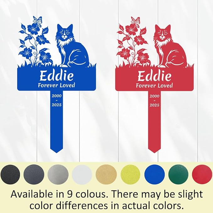 Custom Flowers Cat Memorial Grave Marker, Personalized Cat Memorial Stake Metal Pet Grave Marker for Cat, Customized Cat Memorial Memorial Plaque Cemetery Grave Plaque Yard Sign with Stake