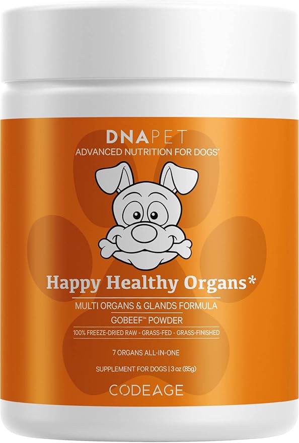 DNA PET Happy Healthy Organs & Glands Supplement for Dogs, Freeze-Dried Raw Grass-Fed Beef Liver Heart Kidney Spleen Pancreas Bone Marrow, Bovine Thymus Multi Organ Powder, Canine Vitamins, 3 oz