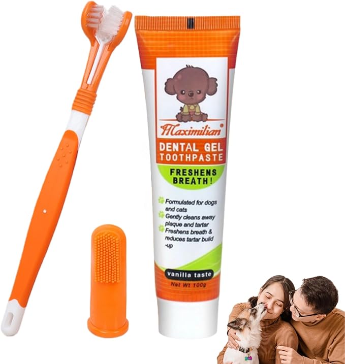 Dog & Cat Toothpaste Kit with Toothbrush & Finger Brush – 100g Vanilla Flavor Pet Toothpaste – Helps Reduce Plaque, Freshen Breath & Support Healthy Gums – Puppy & Adult Pet Dental Care
