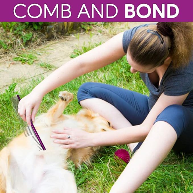 Pet Comb 10 inches Comfortable Grooming Cat Comb with Different-Spaced Rounded Stainless Steel Teeth, Easy Grip and Convenient Grooming Metal Dog Comb for Pets Dog with Medium Coarse Fur - Purple