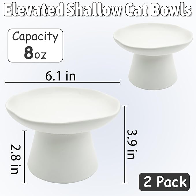 VCEPJH Raised Cat Food Bowls Shallow Cat Plate Pack of 2 Ceramic Elevated Cats Dish 6.1in Flat Anti Whisker Fatigue Wide Pet Food & Water Feeder for Indoor Kitty Kitten (White)