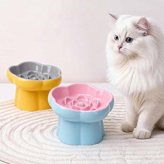 Cat Slow Feeder Flower-Shaped Ceramic Slow Feeder Cat Bowl, Tilted Raised Cat Slow Feeder Bowl for Whisker Relief, Prevents Vomiting & Bloating, Non-Slip Base, Cat Bowls for Dry and Wet Food