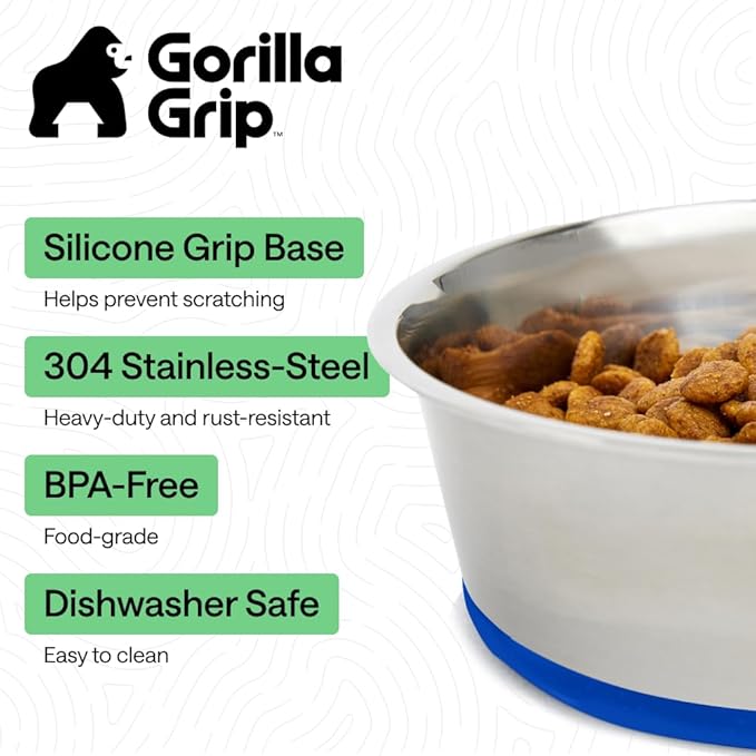 GORILLA GRIP Dog Bowls, Food Grade 304 Stainless Steel, Holds 8 Cups Each (64 fl oz) Food and Water Bowl for Feeding Dogs and Cats, Dishwasher Safe, Rust Resistant, BPA Free Rubber Base Set of 2 Blue