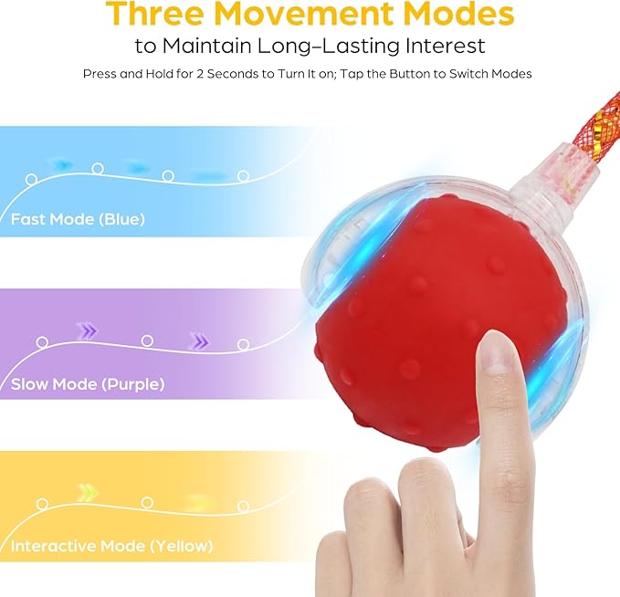 Interactive Cat Toys, 2 Pcs Automatic Moving Cats Toy with Elastic Mesh Bell Tail, Rechargeable Cat Ball for Bored Indoor Adult Cats, Energetic-cat (Red+Blue)