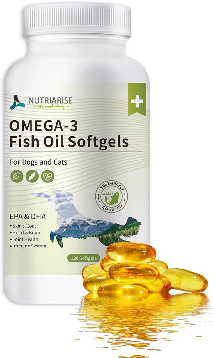 【NUTRIARISE】 Omega 3 Fish Oil Capsules for Dogs – Supports Heart, Skin & Coat, Dog Supplement with EPA & DHA | 120 Softgels