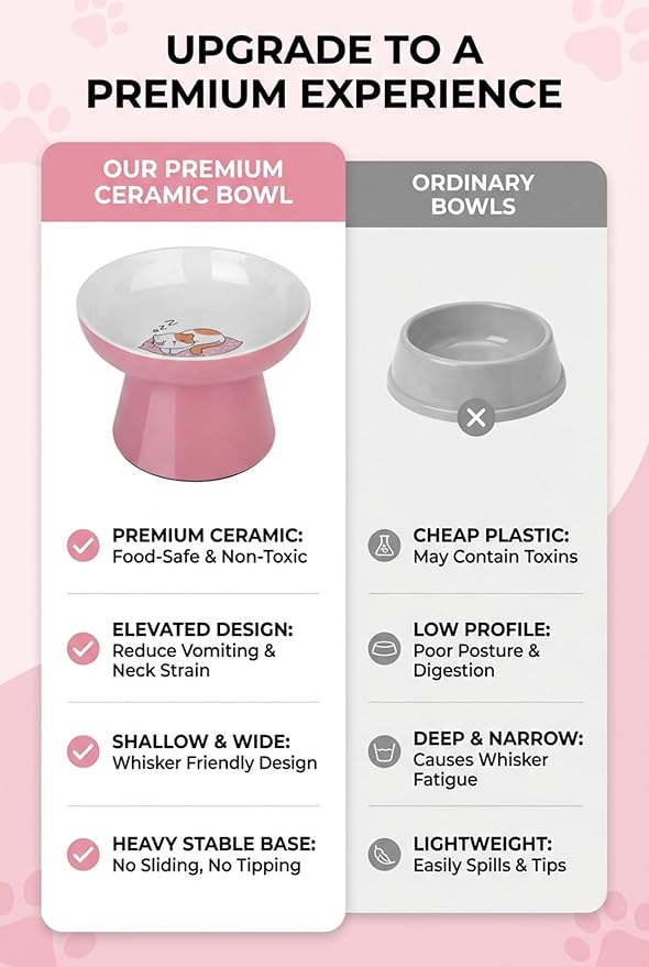 Ceramic Raised Cat Bowl, Elevated Cat Food Bowl with Non-Slip Base,Whisker Friendly Shallow Feeder for Dry & Wet Food, Dishwasher Safe, Anti Vomiting (Pink)
