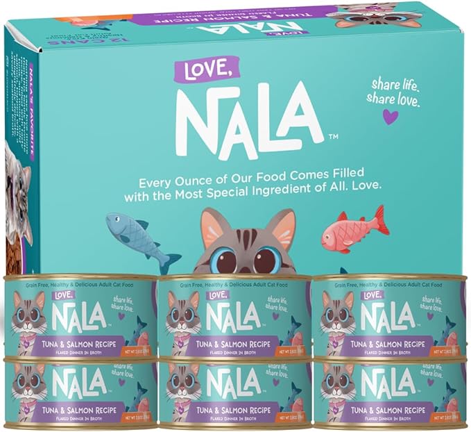 LOVE, NALA - Tuna & Salmon Flaked in Broth - 24 Pack, 4.8 lbs - Natural Adult Cat Wet Food Flaked -Grain Free, Non-GMO, Lean Protein, Added Minerals & Vitamins