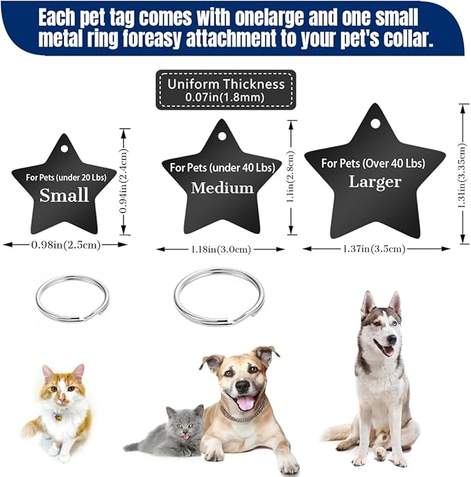 Personalized Dog Tags and Cat Tags, Stainless Steel Pet ID Tags, Collar Charm Engraved on Both Sides, up to 4 Lines of Custom Text, Various Patterns and Colors Options (Star)