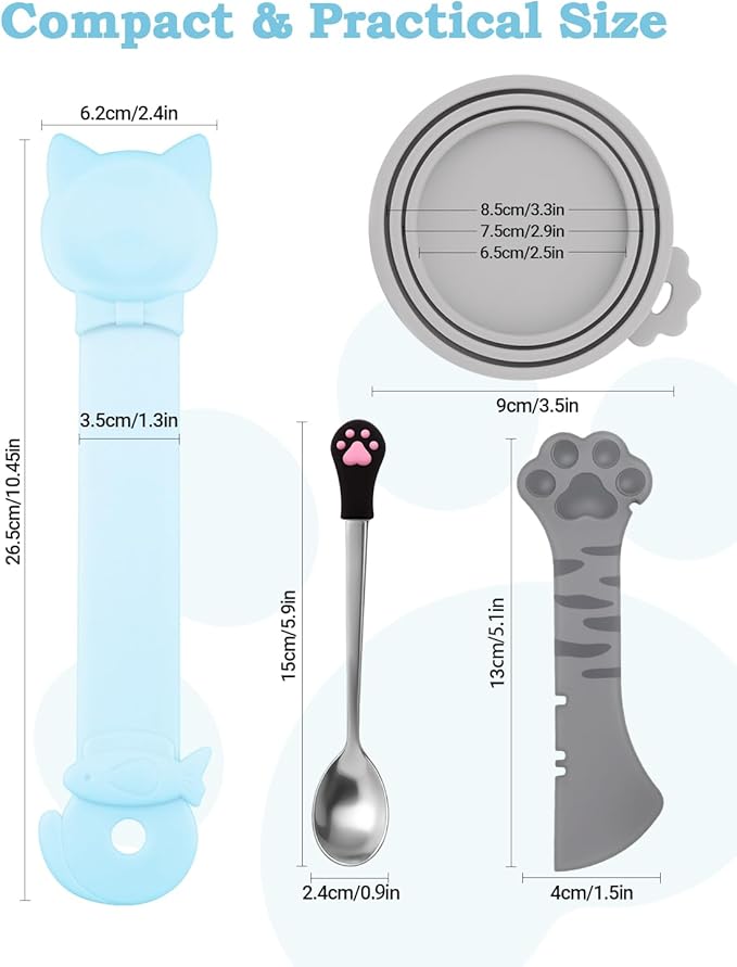 6 PCS Cat Food Can Covers Set, Reusable Silicone Can Lids with Opener, Stainless Steel Wet Food Spoon & Cat Treat Squeezer for Pet Feeding and Storage, Fits Cats & Dogs (Blue)