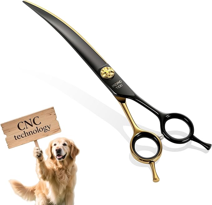 7.5'' Curved Dog Grooming Scissors CNC 440C Blades Sharp and Durable Black and Gold Dog Shears Smooth Cutting Easy to Use for Professional Groomer