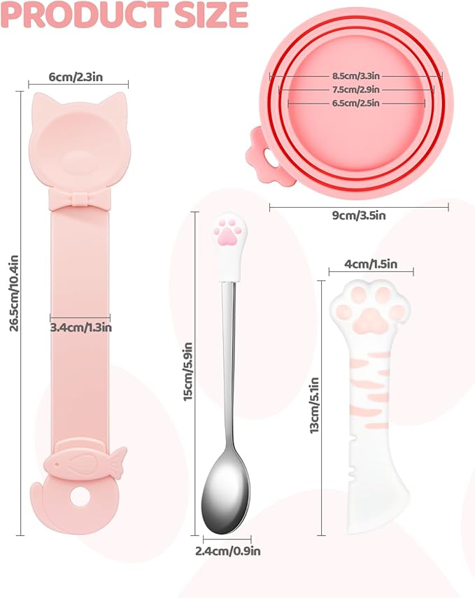 5 PCS Cat Food Can Covers Lids Set, Silicone Pet Food Can Lids with Multi-Function Cat Food Spoon and Opener, Cat Bar Squeezer, Stainless Steel Wet Food Spoon for Cats and Dogs (Pink) (Pink)
