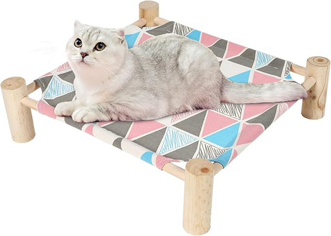 Patas Lague Cat and Dog Hammock Bed for Small Dogs, Brethable Wooden Cat Pet Rabbit Elevated Cooling Outdoor Bed Cots Furniture for All Seasons Monstera Leaf