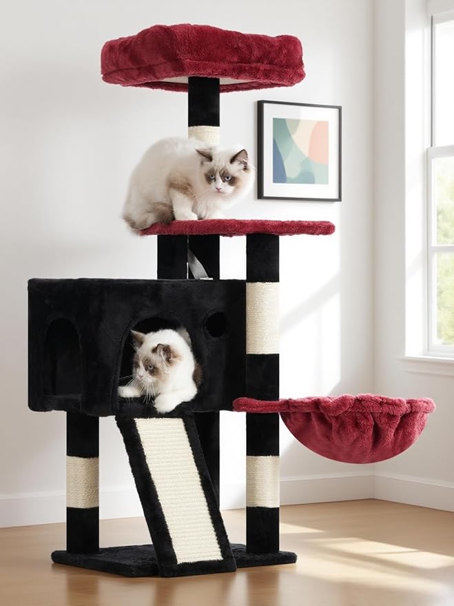 Cat Tree, 41.3" Cat Tower for Indoor Kittens with Scratching Board and Posts, Multi-Level Cozy Cat Condo with 2 Perches, Hammock, Balls, Black and Red GCT005SBR