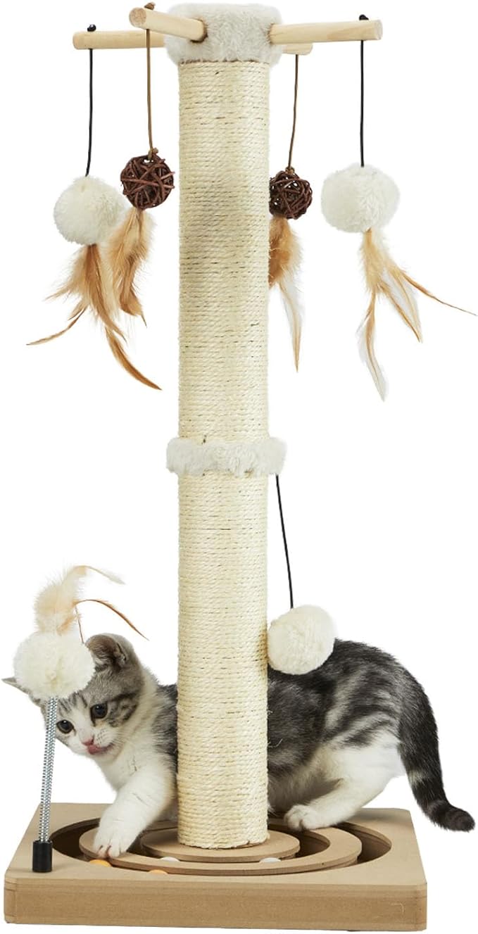 PEEKAB Cat Scratching Post Sisal Scratch Posts for Indoor Cats and Kittens,with Tracking Ball Interactive Toys and Hanging Balls 30 Inches Beige