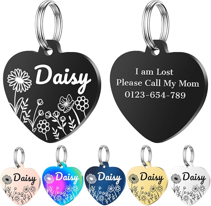 Personalized Dog Tags, Stainless Steel Pet Tags Personalized Cat, Collar Charm Engraved on Both Sides, up to 4 Lines of Custom Text, Multiple Patterns Colors Size Options (Daisy, Small)
