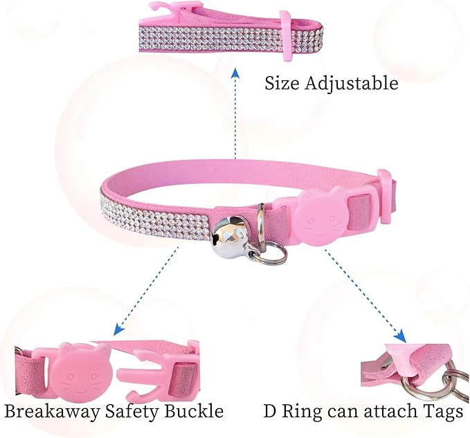 Rhinestone Cat Collar Breakaway Safety Buckle with Bell, Adjustable Diamond Girl Boy Kitty Cute Comfy Collar for Kitten Small Pets Rabbits, 7.5"-11" Pink