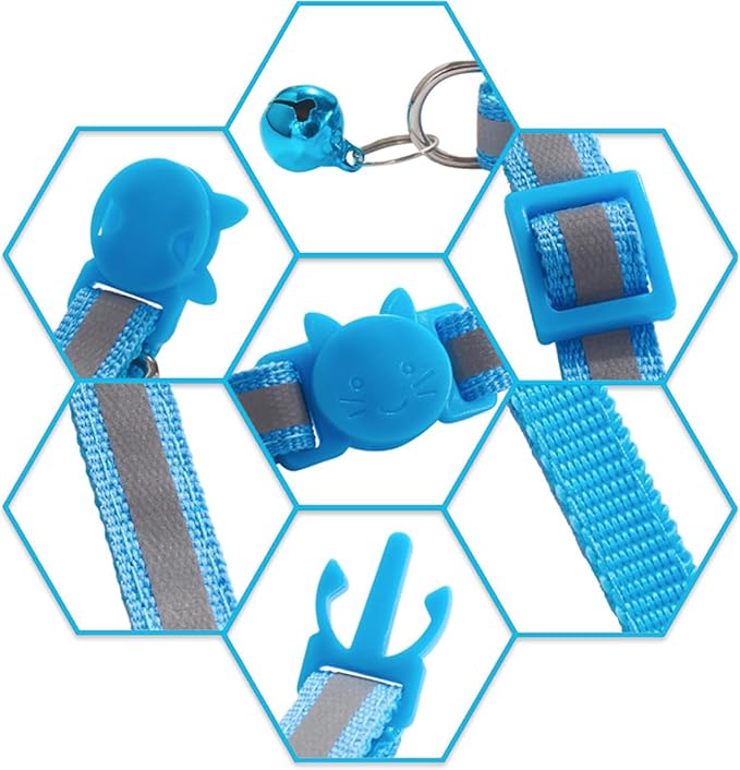 2 Pack Kitten Collars, Breakaway Reflective Cat Collar with Bells Safety Buckle Adjustable for Girl and Boy Pets, Blue