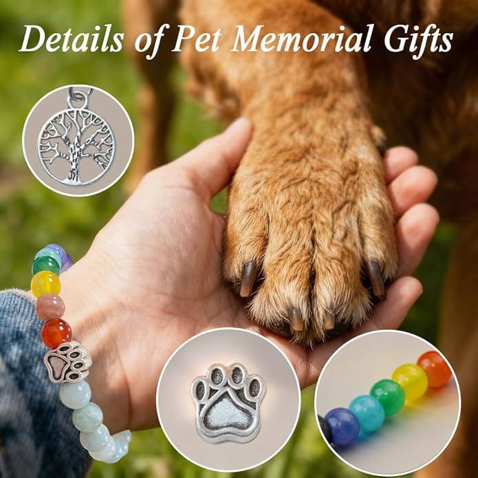 Pet Memorial Gifts, Sympathy Gift for Loss of Dogs and Cats, Chakra Rainbow Bridge Bracelet for Women Men Who Lost Pets