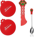 SJANE Cat Food Can Spoons & Lids | 4 Pcs Christmas Style Gifts | Multi-Function Tin Opener | Silicone Pet Food Can Covers | Stainless Steel Wet Foodstuff Spoon for Cats and Dogs(Christmas Red)
