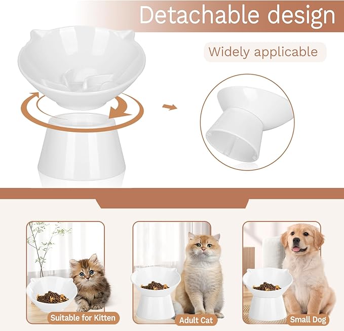 7 Inch Extra Wide Detachable Slow Feeder, Cat Bowl- Elevated Cats Feeder Tilted, Large Raised Cat Food Bowl Whisker Friendly, for Indoor Cats and Small Dogs Anti-Vomiting White
