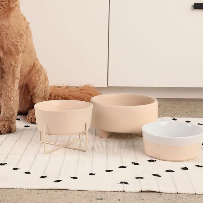 Waggo Simple Solid Dog Bowl and Dog Bowl Stand - Single Iron Stand with Single Ceramic Feeder or Water Bowl (Large, Matte Buttercream)