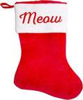 Pearhead Meow Cat Christmas Stocking, Plush Red Pet Holiday Stocking with Sherpa Cuff, Classic Cat Stocking for Treats, Toys, and Pet Gifts