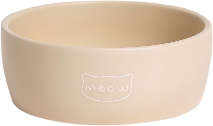 Pearhead Ceramic Cat Bowl – Neutral Taupe “Meow” Design, Holds 12 oz, Stoneware Pet Dish, Whisker-Friendly Pet Feeding, Non-Skid