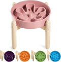 LE TAUCI Ceramic Slow Feeder Dog Bowls Elevated, 3 Cup Raised Bowl with Wooden Stand for Medium Large Breed, Slow Down Eating, Puzzle Dog Food Bowl, Pink Bloom