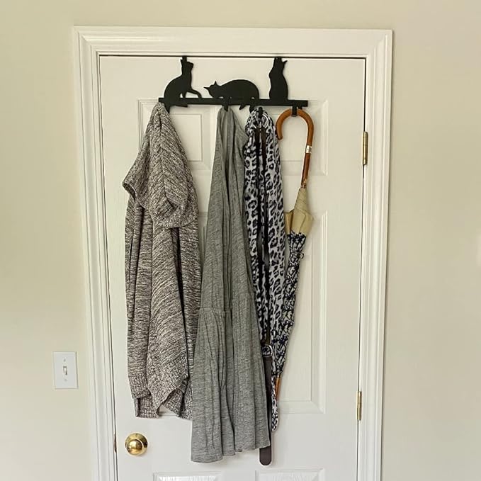 Evelots Over The Door 4 Hook Towel/Coat Rack Hanger Organizer, Kitty Cat Design-Easy No Tool Installation-Black Iron-Holds 20 lbs.