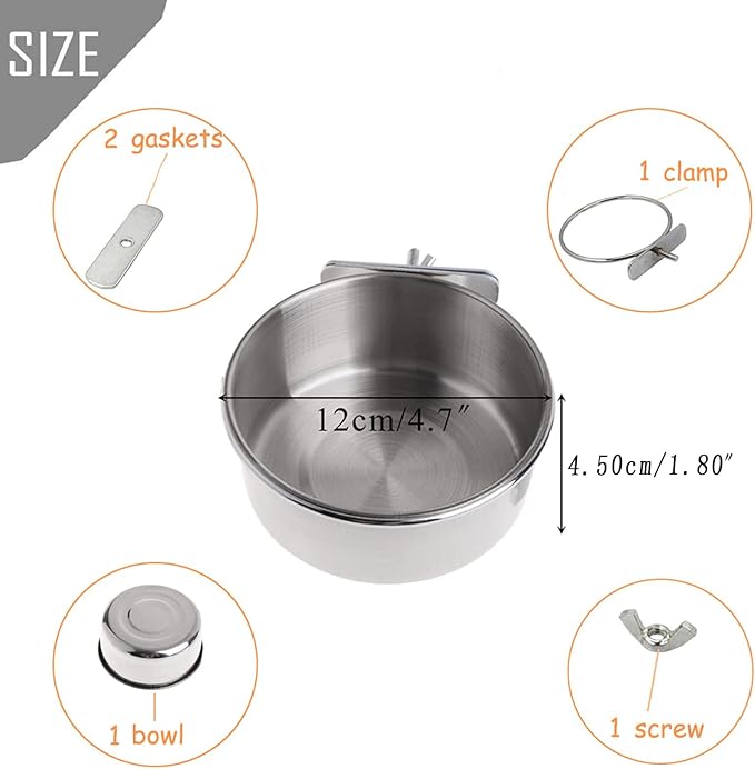 PINVNBY Bird Feeding Dish Cups,5.5x2.0 Inches Parrot Stainless Steel Food Water Dish Perch Stand Platform Paw Grinding Toy Feeder Cage Bowl with Clamp Holder for Budgies Parakeet Macaw(5 Pack L)