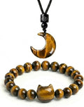 Black Obsidian Cat Bracelet and Moon Pendant Necklace Jewelry Set-Cat Lover Gifts,Wealth Attraction,Good Luck,Bead Bracelet,Mindfulness,Beaded Bracelets, Obsidian Pendant Necklace-Cute Gifts for Women